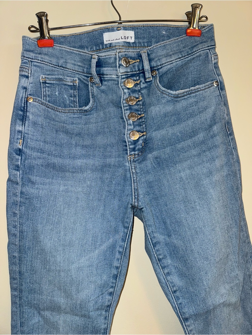 LOFT High-Rise Button-Fly Slim Jeans in Light Blue Denim